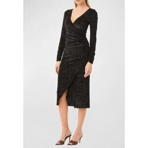 Misa Setarah Metallic Faux-wrap Midi Dress Black Shimmer Size Large NWT Sheath